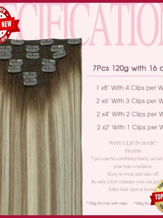 16in Clip-In Human Hair Extensions 7pc Set 120g Heat Stylable main image 5